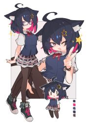 Rule 34 | 1girl, ;d, ahoge, animal ear fluff, animal ears, arms behind back, black footwear, black hair, black skirt, blue-framed eyewear, blue vest, bracelet, brown pantyhose, cat ears, chibi, chibi inset, collared shirt, color guide, colored inner hair, commission, cross-laced footwear, cross-shaped pupils, full body, glasses, hair ornament, hand up, jewelry, kasa (hitori sanka), knees up, lace, lace-trimmed skirt, lace trim, layered skirt, multicolored hair, multiple views, neck ribbon, one eye closed, open mouth, original, pantyhose, plaid, plaid skirt, purple eyes, ribbon, semi-rimless eyewear, shirt, shoes, short hair, short sleeves, sitting, skeb commission, skirt, smile, sneakers, sparkle, standing, star (symbol), star hair ornament, symbol-shaped pupils, two-tone hair, under-rim eyewear, v, vest, white shirt, | |