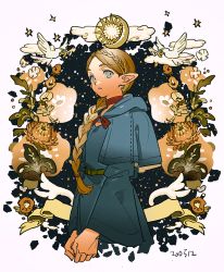 Rule 34 | 1girl, belt, bird, blonde hair, blue eyes, blue robe, braid, braided ponytail, choker, cowboy shot, dove, dungeon meshi, elf, flower, green belt, haun, looking at viewer, marcille donato, pointy ears, red choker, robe, solo, symbol-only commentary
