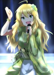 Rule 34 | 1girl, :d, ahoge, arm up, blonde hair, bracelet, dars (recolors), floral print, flower, green eyes, green flower, green kimono, hair between eyes, hair flower, hair ornament, holding, holding microphone, hoshii miki, idol, idolmaster, idolmaster (classic), japanese clothes, jewelry, kimono, long hair, looking at viewer, microphone, obi, open mouth, print kimono, sash, skirt, smile, solo, stage, standing, very long hair, white skirt