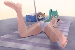 Rule 34 | 1girl, absurdres, ass, barefoot, beach, bikini, blush, breasts, earrings, green eyes, green hair, highres, jewelry, large breasts, long hair, looking at viewer, nintendo switch, nottme, pneuma (xenoblade), ponytail, smile, solo, spoilers, stuffed toy, swept bangs, swimsuit, tiara, towel, umbrella, very long hair, white bikini, xenoblade chronicles (series), xenoblade chronicles 2