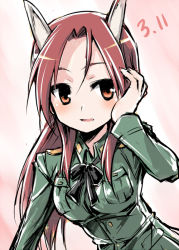 Rule 34 | 1girl, animal ears, kuropan (crow panther), kurou (artist), long hair, military, military uniform, minna-dietlinde wilcke, orange eyes, red hair, solo, strike witches, uniform, world witches series