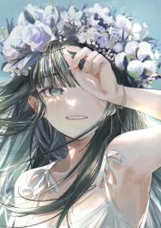 Rule 34 | 1girl, absurdres, bare shoulders, commentary request, covering own eyes, day, flower, hair flower, hair ornament, hands on own face, highres, light rays, looking at viewer, original, outdoors, straight-on, sunlight, sushineko8, teeth, upper body