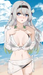 Rule 34 | 1girl, absurdres, beach, bikini, black bikini, black hairband, blue sky, breasts, cloud, commentary, cowboy shot, day, firefly (honkai: star rail), grey hair, hairband, highres, honkai: star rail, honkai (series), kagurachi, long hair, looking at viewer, medium breasts, midriff, navel, ocean, off shoulder, open mouth, own hands together, purple eyes, sarong, shirt, single bare shoulder, sky, solo, standing, stomach, swimsuit, thighs, tied shirt, very long hair, water, white shirt