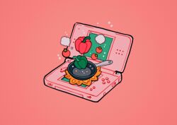 Rule 34 | absurdres, bell pepper, fire, food, frying pan, handheld game console, highres, isometric, meyoco, nintendo ds, no humans, original, pepper, pink background, simple background, smoke, sparkle, tomato, vegetable