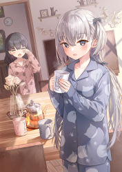 Rule 34 | 2girls, animal print, black hair, blush, cat print, chair, clock, collarbone, commentary request, cup, fang, flower, grey eyes, grey hair, hair between eyes, hair rollers, highres, holding, holding cup, indoors, long hair, looking at viewer, morning, multiple girls, namikishiho, open mouth, original, pajamas, paw print, paw print pattern, print pajamas, rose, shelf, skin fang, smile, standing, table, teapot, television, vase, very long hair, wall clock, white flower, white rose, wooden floor, yawning