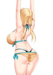 Rule 34 | 1girl, absurdres, armpits, arms up, ass, back, bikini, blonde hair, blue ribbon, breasts, cowboy shot, crimecrime, from behind, front-tie bikini top, front-tie top, hachimiya meguru, hair ornament, hair scrunchie, highres, idolmaster, idolmaster shiny colors, large breasts, long hair, low twintails, multi-strapped bikini, ribbon, scrunchie, side-tie bikini bottom, sideboob, simple background, solo, strap gap, striped bikini, striped clothes, swimsuit, twintails, white background, yellow bikini