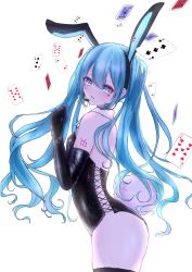 Rule 34 | 1girl, animal ears, black gloves, black hairband, black leotard, blue eyes, blue hair, card, cowboy shot, elbow gloves, facial mark, fake animal ears, fake tail, floating hair, from side, gloves, hair between eyes, hairband, hatsune miku, headset, heart, highres, katorea, leotard, long hair, microphone, open mouth, playboy bunny, rabbit ears, rabbit tail, shiny clothes, solo, standing, tail, thighhighs, twintails, very long hair, vocaloid, white background