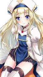Rule 34 | 1girl, blonde hair, blue eyes, blush, boots, breasts, commentary request, dress, floating hair, goblin slayer!, knee boots, long hair, long sleeves, looking at viewer, priestess, priestess (goblin slayer!), sidelocks, simple background, small breasts, solo, white background, white dress, white headwear, yamaguchi yuu