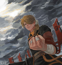 Rule 34 | 10s, 1boy, artist name, bandage on face, bandaged arm, bandages, blonde hair, clenched hand, cloud, cloudy sky, dated, from below, green eyes, hair over one eye, japanese clothes, male focus, ponytail, shishiou (touken ranbu), signature, sky, solo, touken ranbu, z.i