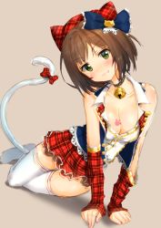 Rule 34 | 1girl, :3, arm support, bare shoulders, bell, blush, bow, breasts, brown hair, cat tail, cleavage, collar, detached sleeves, fang, full body, green eyes, hair bow, hat, highres, idolmaster, idolmaster cinderella girls, jacket, kuria (clear trip second), looking at viewer, maekawa miku, medium breasts, neck bell, open clothes, open jacket, paw print, plaid, plaid bow, plaid headwear, plaid skirt, short hair, simple background, sitting, skirt, sleeveless, sleeveless jacket, sleeves past wrists, smile, solo, tail, tail bow, tail ornament, thighhighs, white thighhighs, yokozuwari