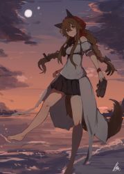 Rule 34 | 1girl, animal ears, bare shoulders, barefoot, black bow, black skirt, bow, braid, brown eyes, brown hair, closed mouth, hair bow, head scarf, highres, holding, lansane, long hair, looking at viewer, ocean, original, pleated skirt, puffy short sleeves, puffy sleeves, sandals, unworn sandals, short sleeves, skirt, smile, solo, standing, standing on one leg, tail, tsana (lansane), twin braids, wading, waist cape, waves, wolf ears, wolf tail