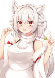 Rule 34 | 1girl, breasts, commentary request, detached sleeves, hat, inubashiri momiji, looking at viewer, medium breasts, no headwear, no headwear, red eyes, rururiaru, short hair, simple background, solo, touhou, white background, white hair