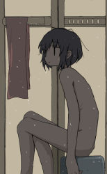 Rule 34 | 1girl, black hair, bob cut, expressionless, female focus, flat color, from side, nude, original, profile, shower (place), sitting, slouching, solo, stool, towel, umi ha kirai, wet, | |