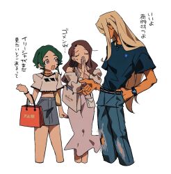 Rule 34 | 1boy, 2girls, :d, alternate costume, bag, belt, black belt, blonde hair, blue pants, blue shirt, blue skirt, brown hair, casual, closed eyes, commentary request, cropped shirt, denim, dress, green hair, grey dress, grgrton, gundam, gundam suisei no majo, hand in pocket, holding, ireesha plano, jeans, jewelry, long hair, looking at another, maisie may, miniskirt, multiple girls, necklace, open mouth, own hands together, pants, pink eyes, shaddiq zenelli, shirt, shopping bag, short hair, short sleeves, simple background, skirt, smile, standing, t-shirt, torn clothes, torn pants, translation request, watch, white background, white shirt, wristwatch