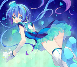 Rule 34 | 1girl, aoki lapis, bad id, bad pixiv id, blue eyes, blue hair, diamond (gemstone), gloves, hair ornament, headset, long hair, looking at viewer, looking back, matching hair/eyes, open mouth, panties, pantyshot, scarf, skirt, smile, solo, striped clothes, striped panties, thighhighs, touyama soboro, twintails, underwear, upskirt, very long hair, vocaloid, white thighhighs