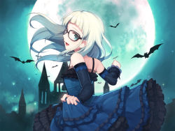 Rule 34 | 10s, 1girl, :d, aikatsu!, aikatsu! (series), animal, aqua eyes, back, bare shoulders, bat (animal), bespectacled, black-framed eyewear, blue dress, blunt bangs, blush, castle, cowboy shot, detached sleeves, dress, fang, floating hair, frilled dress, frilled sleeves, frills, from behind, from side, full moon, glasses, hair down, hitoto, long hair, long sleeves, looking at viewer, looking back, moon, night, night sky, open mouth, outdoors, skirt hold, sky, sleeveless, sleeveless dress, smile, solo, standing, todo yurika, white hair