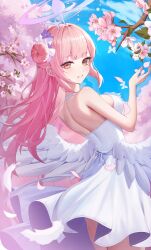 Rule 34 | 1girl, absurdres, angel wings, back, bare shoulders, blue archive, blue sky, blush, breasts, cherry blossoms, commentary, day, dress, feathered wings, fingernails, flower, hair bun, hair flower, hair ornament, hair ribbon, halo, highres, large breasts, long hair, low wings, median furrow, mika (blue archive), nail polish, outdoors, pink hair, pink halo, pink nails, purple flower, ribbon, single side bun, sky, smile, soha (416 soha), solo, white dress, white ribbon, white wings, wings, yellow eyes