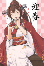 Rule 34 | absurdres, blush, brown hair, checkered background, cherry blossoms, cup, closed eyes, flower, hair flower, hair ornament, headgear, highres, japanese clothes, jewelry, kantai collection, kimono, long hair, ponytail, ring, sakazuki, sitting, smile, solo, vent arbre, wedding band, yamato (kancolle), yukata