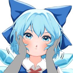 Rule 34 | 1boy, 1girl, blue bow, blue eyes, blue hair, blurry, blush, bow, chestnut mouth, cirno, depth of field, gloves, hair between eyes, hair bow, highres, ice, ice wings, looking at viewer, mikan (manmarumikan), portrait, pov, pov hands, short hair, simple background, solo focus, touhou, upper body, white background, wings