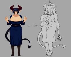 Rule 34 | 1girl, armorv1, blue dress, breasts, cleavage, demon girl, demon horns, demon tail, dress, facing viewer, female focus, hair over eyes, horns, huge breasts, looking at viewer, solo, standing, tail, thick thighs, thighs, w arms, wide hips