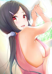 Rule 34 | 1girl, black hair, blush, breasts, brown eyes, cleaning, cleaning windows, commentary request, from side, hair ornament, hairclip, highres, long hair, looking at viewer, looking back, medium breasts, mole, mole on arm, na53, open mouth, original, parted bangs, ponytail, see-through, sideboob, solo, sweat, towel, window
