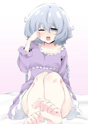 Rule 34 | 1boy, 1girl, absurdres, bare legs, barefoot, braid, collarbone, commentary request, dress, grey eyes, grey hair, highres, konno junko, long hair, long sleeves, low twin braids, ma-yu, nightgown, on bed, one eye closed, open mouth, purple dress, sitting, twin braids, yawning, zombie land saga