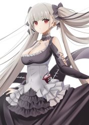 Rule 34 | 1girl, azur lane, black dress, black ribbon, breasts, cleavage, clothes lift, dress, dress lift, feet out of frame, formidable (azur lane), hair ribbon, highres, long hair, looking at viewer, manjirou (manji illust), medium breasts, platinum blonde hair, red eyes, ribbon, solo, standing, very long hair, white background