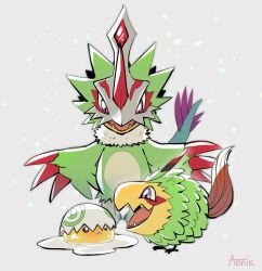 Rule 34 | aonik, artist name, beak, bird, claws, digimon, digimon (creature), dragon, egg, evolutionary line, feathered wings, feathers, fluffymon, green feathers, mask, pteromon, sharp teeth, simple background, slime (creature), slime (substance), tail, teeth, white background, wings, yolkmon