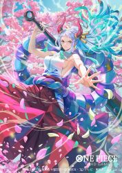 Rule 34 | 1girl, bisaiiiii, blunt ends, breasts, cherry blossoms, club, club (weapon), commentary request, copyright name, cowboy shot, earrings, falling petals, hair ornament, hakama, holding, holding weapon, horns, japanese clothes, jewelry, kanabou, kimono, looking at viewer, multicolored hair, official art, one piece, one piece card game, orange eyes, outstretched arm, petals, ponytail, red hakama, rope, shimenawa, sideboob, sleeveless, sleeveless kimono, solo, v-shaped eyebrows, weapon, white hair, white kimono, wind, yamato (one piece)