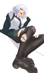 Rule 34 | 1girl, absurdres, belt, black necktie, blazer, blue jacket, blue skirt, bob cut, breasts, buttoned cuffs, buttons, chest harness, commentary, feet, foot focus, from below, girls&#039; frontline, hand on own face, harness, highres, jacket, large breasts, ledge, legs, long sleeves, looking at viewer, loose necktie, morridow (boss) (girls&#039; frontline), morridow (girls&#039; frontline), mutugorou u, necktie, no shoes, off shoulder, office lady, pantyhose, paradeus, partially unbuttoned, shirt, simple background, sitting, skirt, smile, soles, solo, tie clip, toes, tongue, tongue out, torn clothes, torn pantyhose, white background, white hair, white shirt, yellow eyes