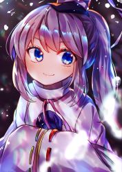 Rule 34 | 1girl, black background, blue eyes, closed mouth, hands in opposite sleeves, hat, highres, itsumizu, japanese clothes, kariginu, long hair, long sleeves, looking at viewer, mononobe no futo, pom pom (clothes), ponytail, ribbon-trimmed sleeves, ribbon trim, silver hair, smile, solo, tate eboshi, touhou, wide sleeves