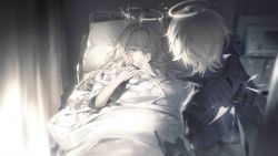 Rule 34 | 1boy, 1girl, arknights, artist request, bed, bed sheet, broken halo, cecelia (arknights), child, covering own mouth, enforcer (arknights), from behind, grey eyes, halo, hand over own mouth, highres, hospital, hospital bed, jacket, long hair, looking at another, official art, pillow, short hair, standing, white hair, wings