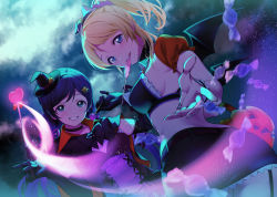 Rule 34 | 2girls, ayase eli, bat wings, bikini, bikini top only, black skirt, blonde hair, blue eyes, breasts, candy, dancing stars on me!, dutch angle, food, gloves, hair ornament, hairclip, halloween, hat, high ponytail, highres, kate iwana, lollipop, looking at viewer, love live!, love live! school idol festival, love live! school idol project, medium breasts, midriff, mini hat, multiple girls, parted lips, ponytail, scrunchie, shrug (clothing), sideboob, skirt, sky, smile, star (sky), starry sky, swimsuit, tojo nozomi, upper body, wand, wings