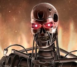 Rule 34 | cable, fire, glowing, glowing eyes, grin, humanoid robot, looking at viewer, machinery, programman, realistic, red eyes, robot, science fiction, smile, spoilers, t-800, teeth, terminator (series), the terminator