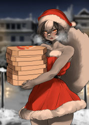 Rule 34 | 1girl, absurdres, bare shoulders, black hair, blurry, blurry background, blush, breath, building, christmas, delivery, dress, fang, female focus, food, fur-trimmed dress, fur-trimmed headwear, fur trim, furry, furry female, hat, highres, looking at viewer, multicolored hair, night, open mouth, orange eyes, original, outdoors, pizza, pizza box, santa hat, skunk girl, skunk tail, snow, solo, strapless, strapless dress, suima (sleepiness18), two-tone hair, white hair