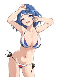 Rule 34 | 1girl, :d, ajidot, armpits, arms up, bare arms, bare shoulders, bikini, blue eyes, blue hair, braid, breasts, character request, cleavage, collarbone, commentary request, cowboy shot, highres, korean commentary, large breasts, looking at viewer, medium hair, navel, open mouth, semi (semi wa magic cube), semi wa magic cube, side-tie bikini bottom, simple background, smile, solo, south korean flag, south korean flag bikini, standing, stomach, swimsuit, thighs, white background, white bikini