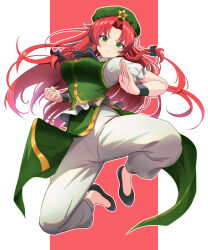 Rule 34 | 1girl, black bow, bow, braid, breasts, chinese clothes, clenched hand, green eyes, green headwear, green skirt, green vest, hair bow, highres, hong meiling, incoming attack, kisaragi koushi, long hair, looking at viewer, medium breasts, multiple hair bows, pants, pov, red hair, shirt, skirt, solo, touhou, twin braids, vest, white pants, white shirt
