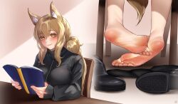 Rule 34 | 1girl, absurdres, animal ears, arknights, barefoot, blonde hair, blush, book, boots, chair, feet, highres, long hair, looking at viewer, nearl (arknights), nikishiko, reading, shoes, sitting, smile, soles, sweat, toes, unworn boots, unworn shoes, yellow eyes
