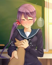 Rule 34 | 10s, 1girl, aged up, akebono (kancolle), arm grab, bell, black ribbon, blush, board eraser, grabbing another&#039;s breast, breasts, cardigan, chalkboard, classroom, closed eyes, closed mouth, crying, dark-skinned male, dark skin, earrings, eyebrows, eyelashes, flower, grabbing, guided breast grab, guiding hand, hair bell, hair between eyes, hair flower, hair ornament, hand grab, hand on another&#039;s arm, hand on breast, heart, heart earrings, highres, indoors, jewelry, jingle bell, kantai collection, long hair, long sleeves, minobu jentoru, motion lines, nose blush, pov, pov hands, purple hair, ribbon, school, school uniform, serafuku, shade, side ponytail, solo focus, tears, trembling, upper body