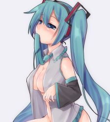 Rule 34 | 1girl, aqua eyes, aqua hair, bad id, bad pixiv id, blush, bottomless, breasts, cleavage, detached sleeves, hatsune miku, headphones, hikataso, large breasts, long hair, mouth hold, necktie, open clothes, open shirt, shirt, solo, twintails, very long hair, vocaloid