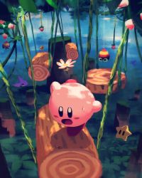 Rule 34 | balancing, creature, day, floating, food, forest, fruit, highres, kirby, kirby (series), kirby 64, leaf, nature, nintendo, open mouth, outdoors, plant, signature, sky, solo, standing, standing on one leg, star (symbol), strawberry, suyasuyabi, sweat, sweatdrop, tongue, tree, vines, wood
