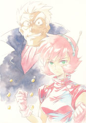 Rule 34 | 1boy, 1girl, agahari, brown eyes, calligraphy brush (medium), closed mouth, colored pencil (medium), copyright request, gloves, green eyes, grin, hair slicked back, hairband, highres, jacket, looking at viewer, manly, old, old man, pale color, pink hair, red jacket, robot ears, sanpaku, short hair, simple background, smile, traditional media, white background, white hair