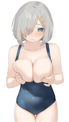 Rule 34 | 1girl, bare arms, bare legs, bare shoulders, black one-piece swimsuit, blue eyes, blush, breasts, cleavage, closed mouth, collarbone, covering breasts, covering privates, cowboy shot, grey hair, hair ornament, hair over one eye, hairclip, hamakaze (kancolle), highres, kantai collection, large breasts, navel, no nipples, one-piece swimsuit, sakieko, school swimsuit, short hair, simple background, skin tight, skindentation, solo, swimsuit, thighs, white background