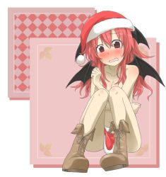 Rule 34 | 1girl, blush, boots, breasts, cleavage, female focus, hat, head wings, koakuma, long hair, navel, nobamo pieruda, open mouth, red eyes, red hair, santa hat, skirt, solo, tears, topless, touhou, wings