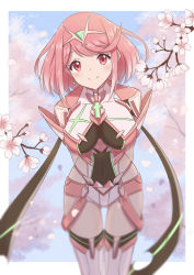 Rule 34 | 1girl, absurdres, alternate hair color, arms behind back, border, branch, breasts, cherry blossoms, closed mouth, commentary request, earrings, highres, jewelry, large breasts, pink hair, pink shorts, pink thighhighs, pyra (xenoblade), ryochan96154, shorts, smile, solo, swept bangs, thighhighs, tiara, xenoblade chronicles (series), xenoblade chronicles 2, zettai ryouiki