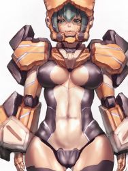 Rule 34 | 1girl, android, armor, black thighhighs, breasts, cleavage cutout, clothing cutout, fourie, fourier (tales), fumio (rsqkr), green eyes, green hair, helmet, hip focus, large breasts, leotard, matching hair/eyes, mecha musume, phantasy star, phantasy star online 2, ranks series (pso2), short hair, simple background, smile, solo, thighhighs, thighs, visor, white background, wide hips