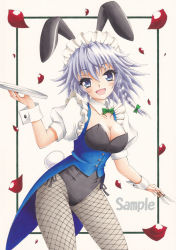 Rule 34 | 1girl, animal ears, blue eyes, bow, braid, breasts, cleavage, collarbone, contrapposto, cowboy shot, cuff links, detached collar, fishnet pantyhose, fishnets, hair bow, holding, izayoi sakuya, knife, leotard, looking at viewer, maid headdress, medium breasts, millipen (medium), munmu, open mouth, pantyhose, playboy bunny, puffy short sleeves, puffy sleeves, rabbit ears, rabbit tail, sample watermark, short hair, short sleeves, silver hair, smile, solo, standing, tail, touhou, traditional media, tray, twin braids, watermark, white background, wrist cuffs