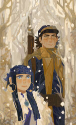 Rule 34 | 1boy, 1girl, ainu clothes, asirpa, bandana, bare tree, black hair, blue bandana, blue eyes, blue jacket, blue pants, blush, brown eyes, brown hair, commentary, ear piercing, earrings, english commentary, eyeliner, fur trim, golden kamuy, gun, gun on back, hair intakes, hat, highres, jacket, jewelry, long hair, looking ahead, makeup, pants, parted lips, piercing, rifle, scar, scar on face, scarf, snow, spearmintaii, sugimoto saichi, tree, weapon, weapon on back, white fur, yellow scarf