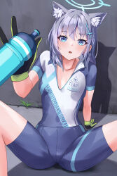 Rule 34 | 1girl, animal ear fluff, animal ears, black gloves, blue archive, blue eyes, commentary request, extra ears, gloves, grey hair, grey shorts, halo, highres, looking at viewer, medium hair, noomaru (nomorepeople), official alternate costume, parted lips, shiroko (blue archive), shiroko (cycling) (blue archive), shirt, short sleeves, shorts, sitting, solo, thighs, wolf ears