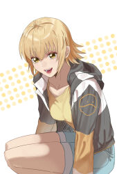 1girl blonde_hair breasts cagalli_yula_athha gundam gundam_seed gundam_seed_freedom highres hiii_biki jacket looking_at_viewer shirt short_hair shorts smile solo yellow_eyes